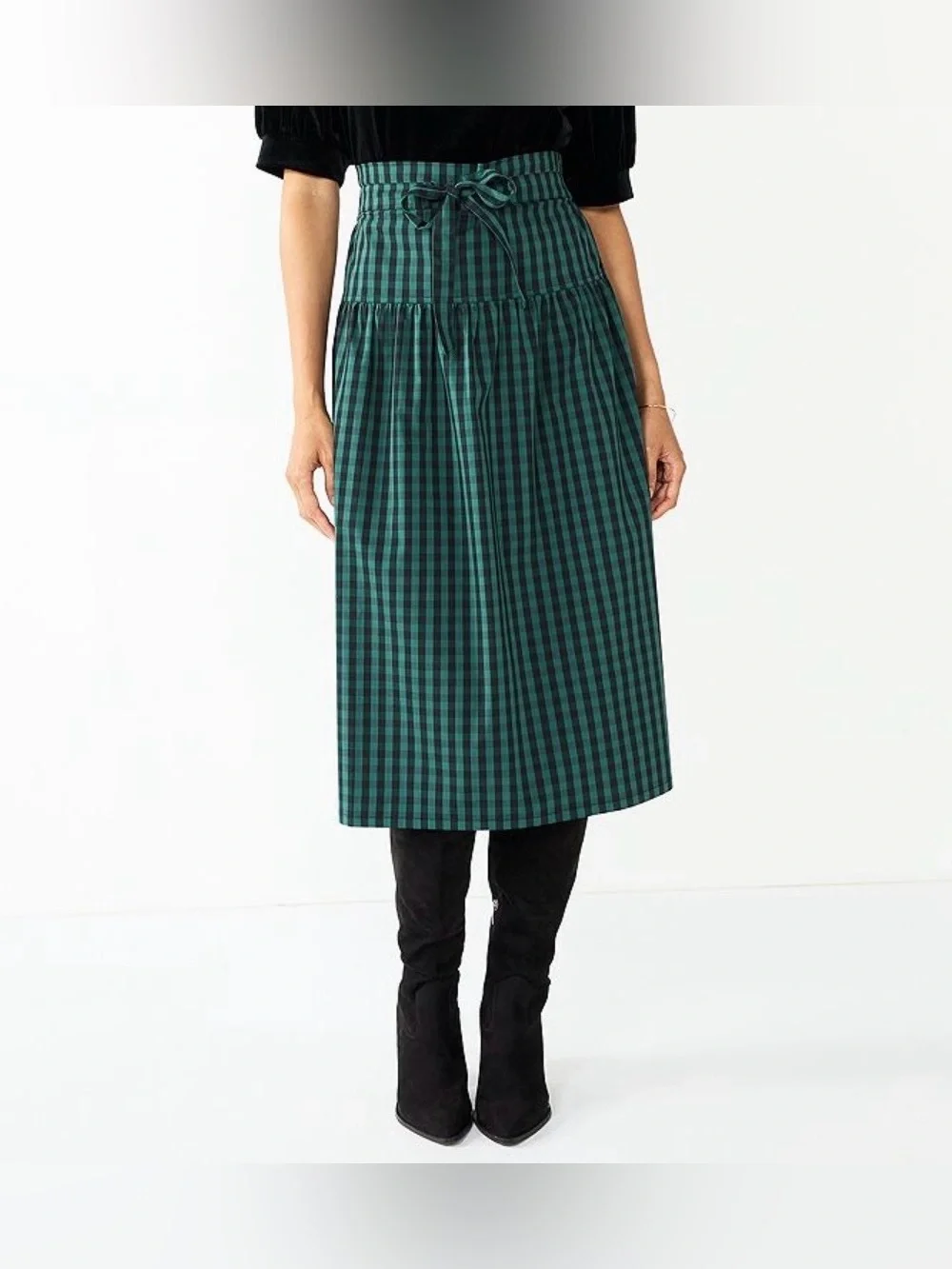 NWT DRAPER JAMES RSVP Paperbag Waist Midi gingham Skirt Bow Green
